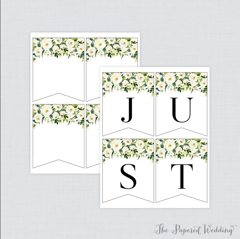 Printable Just Married Banner White Flower Just Married Bunting Modern Flower Just Married Wedding Banner, Wedding Car Decorations 0020 image 2