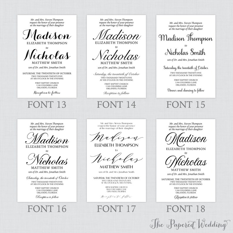 Simple Printable OR Printed Wedding Invitations with Custom Colors and Fonts Custom Wedding Invites with Traditional Layout 0032