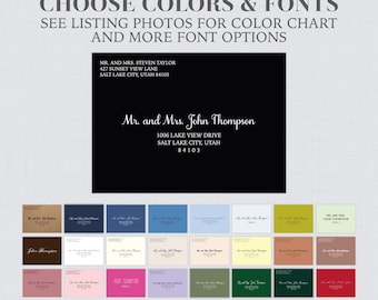 May include: A black envelope with white text displaying a return address and recipient name. The text reads Mr. and Mrs. Steven Taylor, 427 Sunset View Lane, Salt Lake City, Utah 84103, and Mr. and Mrs. John Thompson, 1006 Lake View Drive, Salt Lake City, Utah 84103.