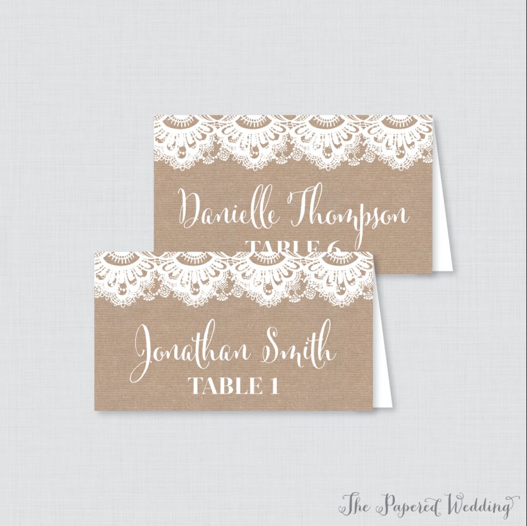 Printed Wedding Place Cards Burlap and Lace Wedding Table Etsy
