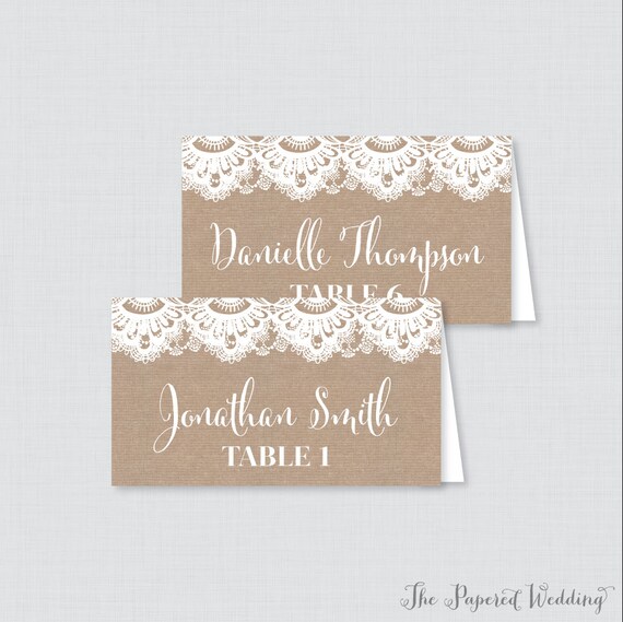 Printed Wedding Place Cards Burlap and Lace Wedding Table Place