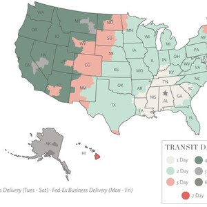 May include: A map of the United States showing transit times for standard Fed-Ex ground shipping. States are color-coded to indicate delivery times ranging from 1 to 7 days. Text at the bottom indicates Fed-Ex Home and Business delivery days.