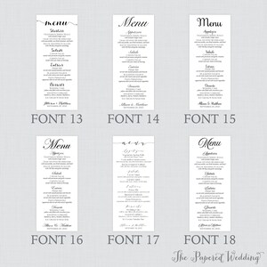 Puede incluir: Una colecci&oacute;n de tarjetas de men&uacute; de boda en varias fuentes. Cada tarjeta presenta un men&uacute; con aperitivos, ensaladas, platos principales y postres. Los nombres Allison & Matthew y la fecha 20 de septiembre de 2021 est&aacute;n impresos.