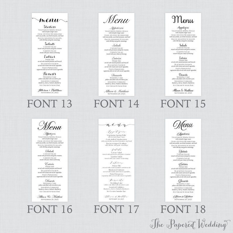 Puede incluir: Una colecci&oacute;n de tarjetas de men&uacute; de boda en varias fuentes. Cada tarjeta presenta un men&uacute; con aperitivos, ensaladas, platos principales y postres. Los nombres Allison & Matthew y la fecha 20 de septiembre de 2021 est&aacute;n impresos.