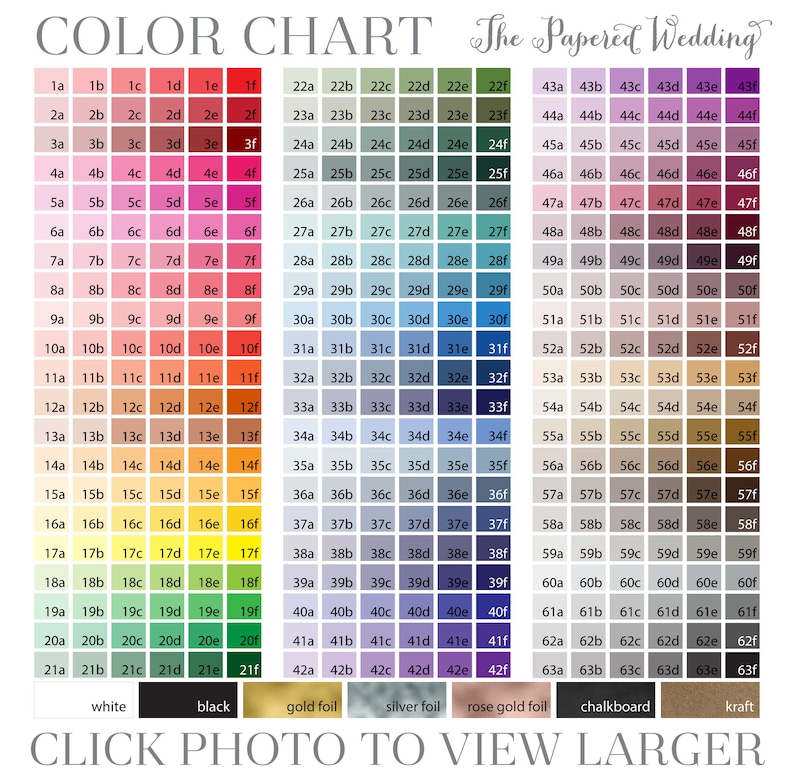 May include: Color chart with 63 different color swatches, labeled with letters and numbers. The chart includes colors like white, black, gold foil, silver foil, rose gold foil, chalkboard, and kraft.