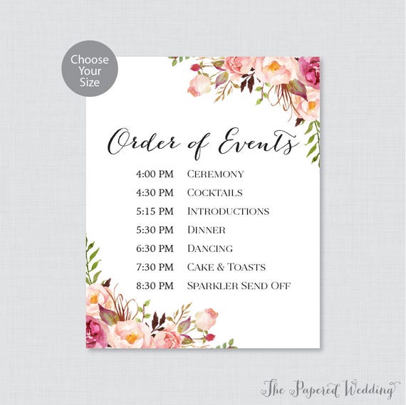 Printable Order Of Events Sign Pink Wedding Order Of Events Etsy