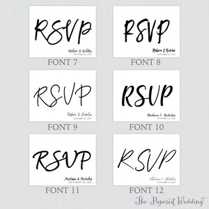 May include: A set of 6 different font styles for the word "RSVP" in black text on a white background. The text is in a handwritten style. The fonts are numbered 7 through 12.
