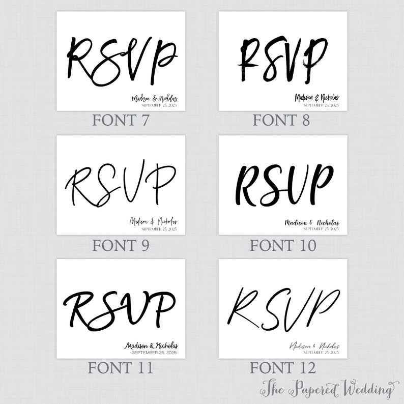 May include: A set of 6 different font styles for the word "RSVP" in black text on a white background. The text is in a handwritten style. The fonts are numbered 7 through 12.