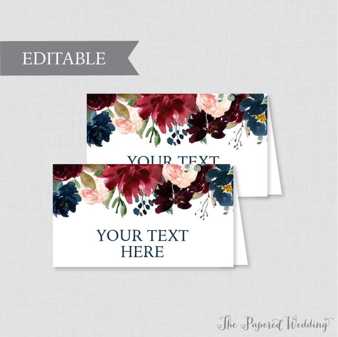 EDITABLE Tent Cards Printable Navy Marsala Wedding Tent Cards, Rustic