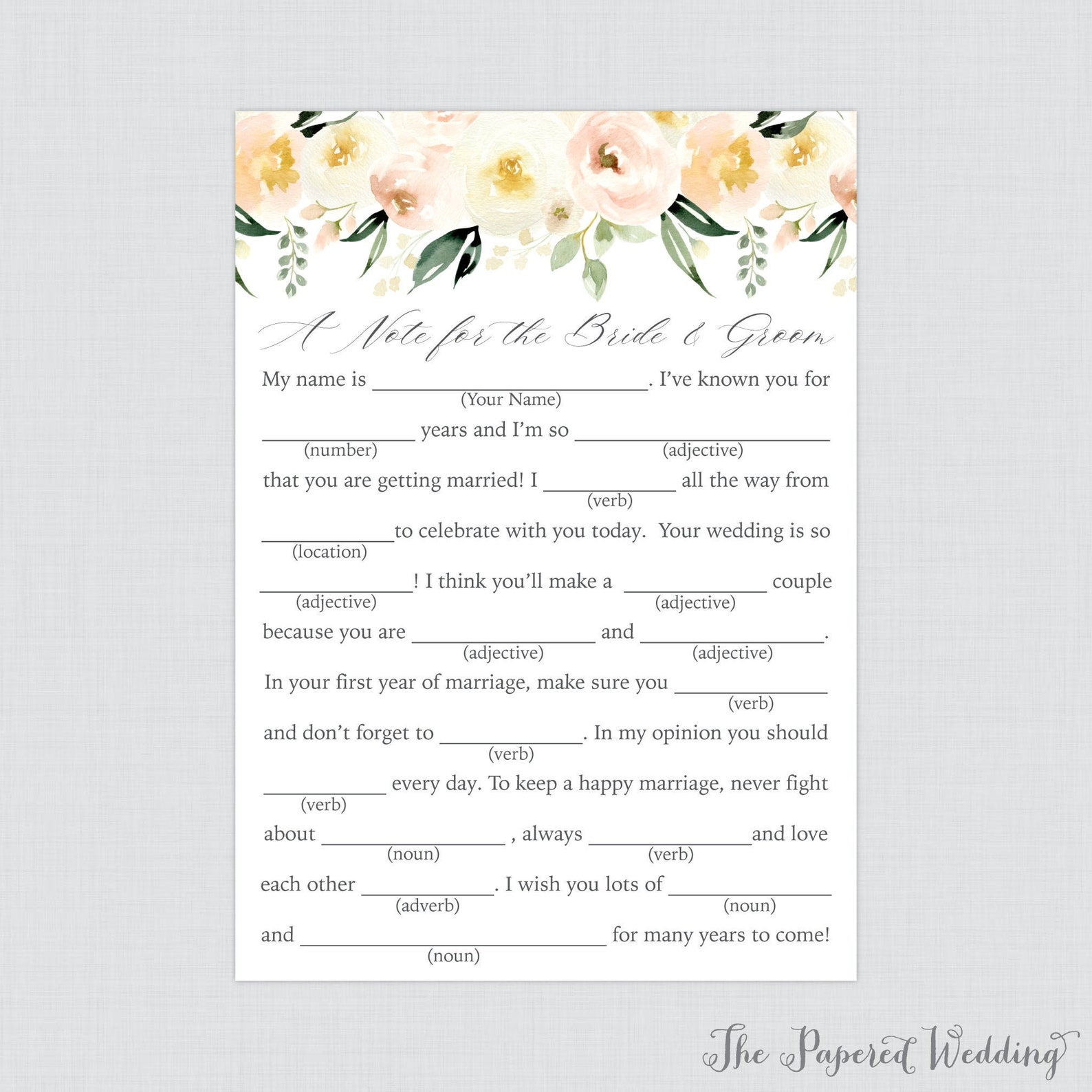 Printable Wedding Mad Libs With Ivory and Blush Pink Flowers - Etsy