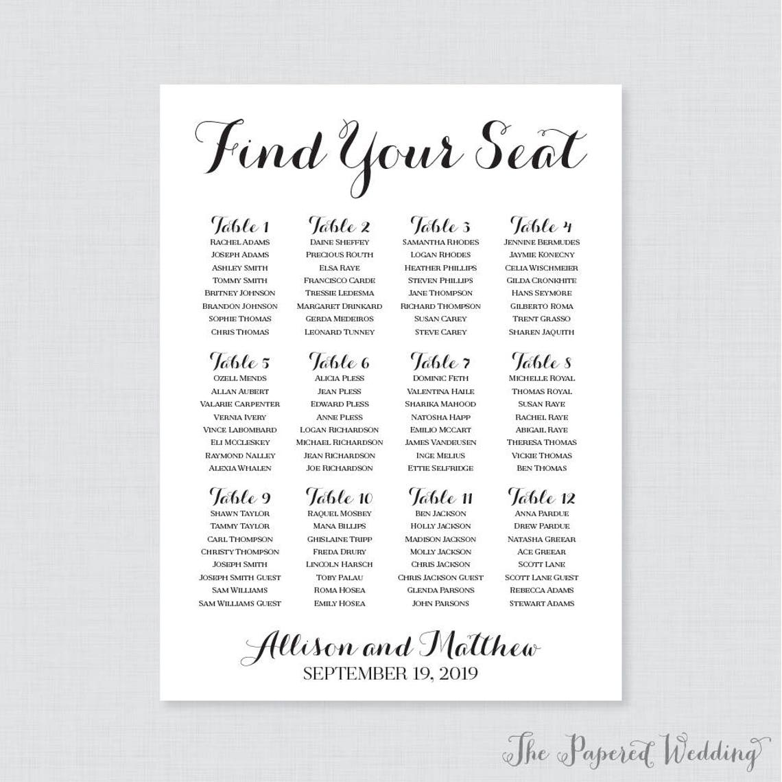 Printable Wedding Seating Chart Black and White Wedding Etsy