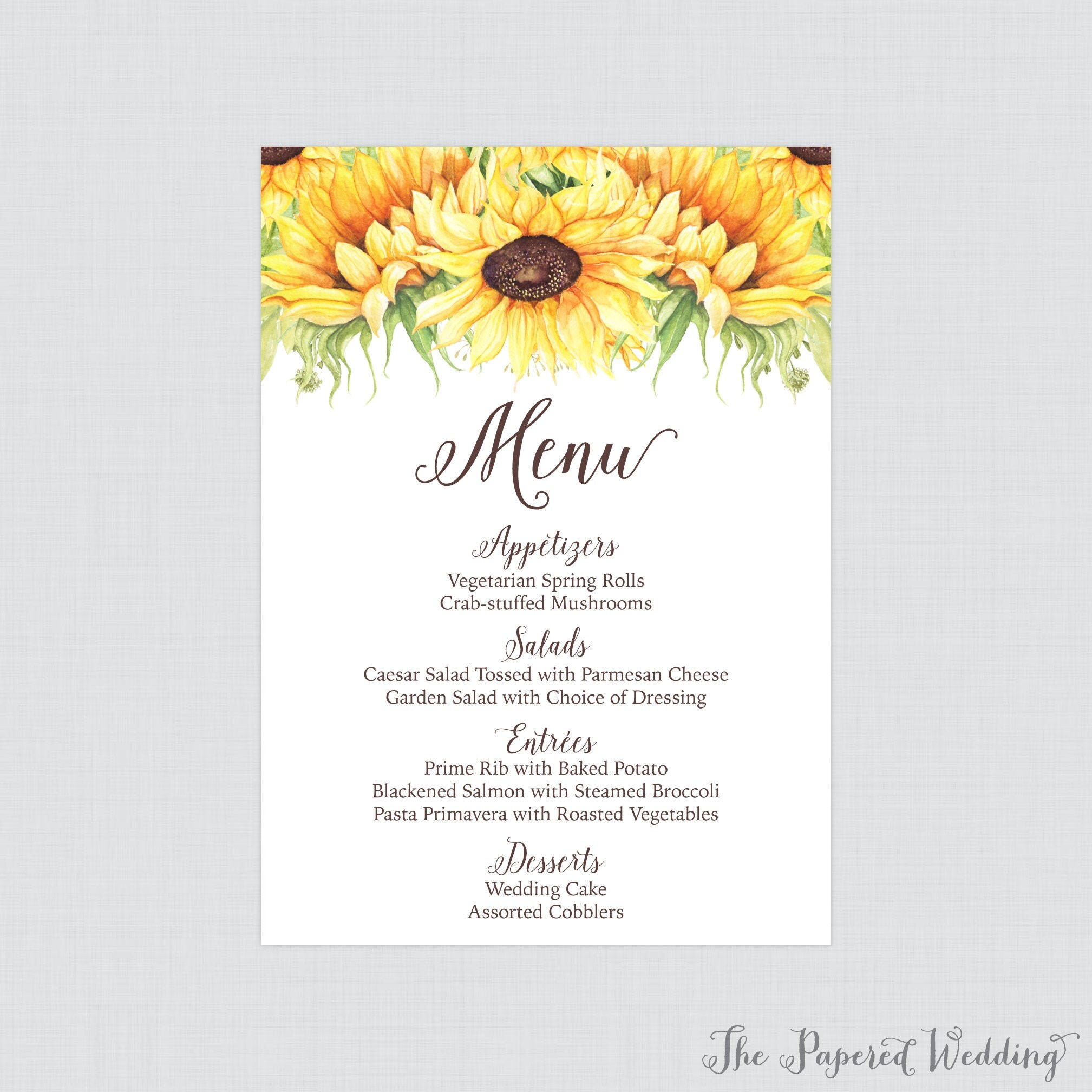 Printable OR Printed Sunflower Wedding Menu Yellow Sunflower Etsy