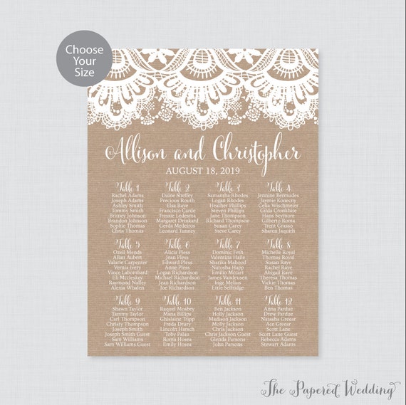 Vintage Mint Green Burlap /& Lace Personalised Wedding Seating Table Plan