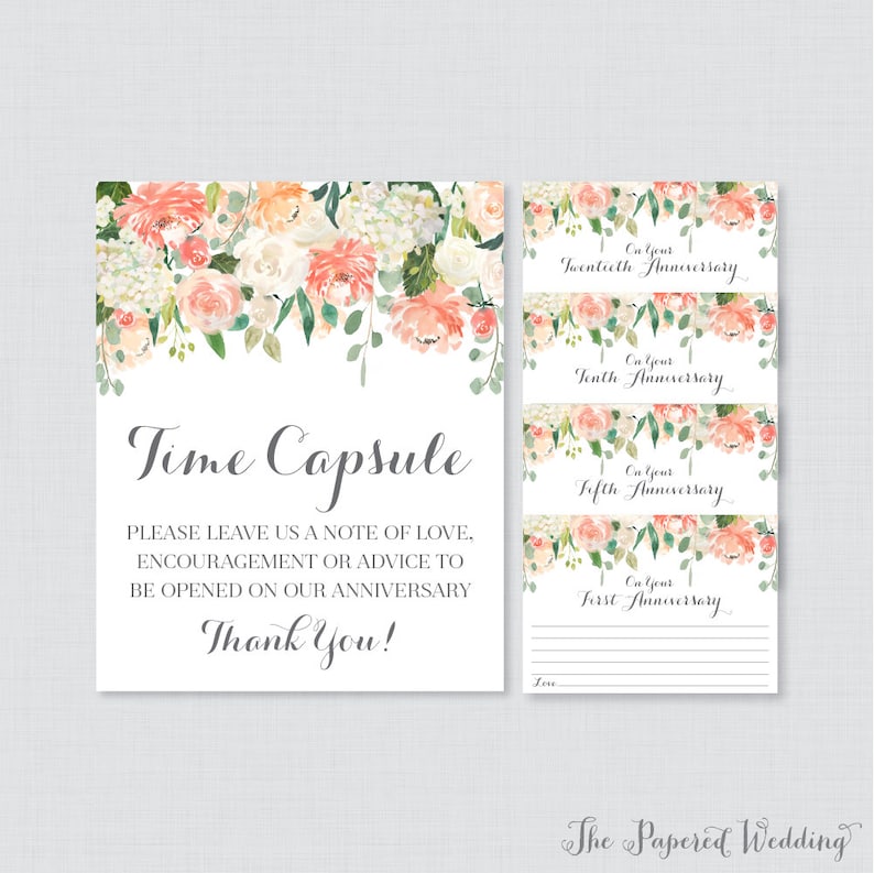 Printable Wedding Time Capsule Activity Peach Floral Advice for the Bride and Groom Peach Flower Wedding Reception Game/Activity 0009 image 1