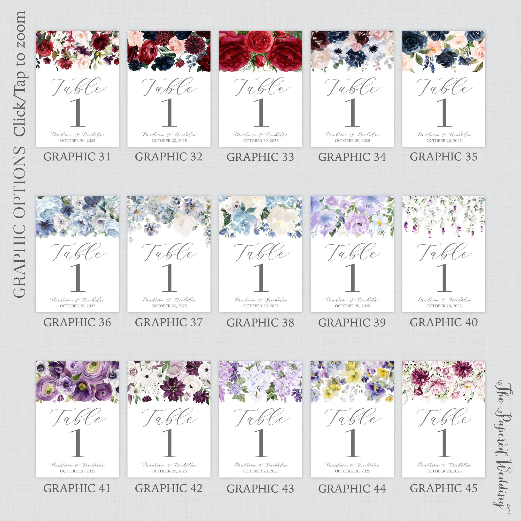 Printable OR Printed Wedding Table Number Signs - Choose From 60 Flower ...