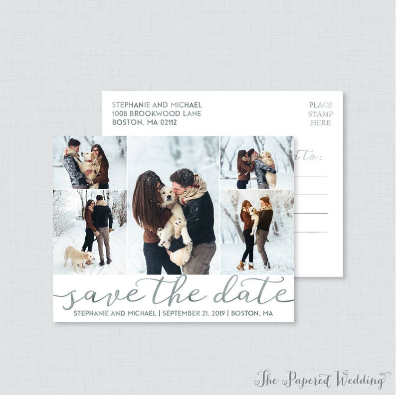 Printable OR Printed Photo Collage Save the Date Postcards in Faux Silver Foil Save our Date Postcards with Five Pictures in Silver 101 image 1