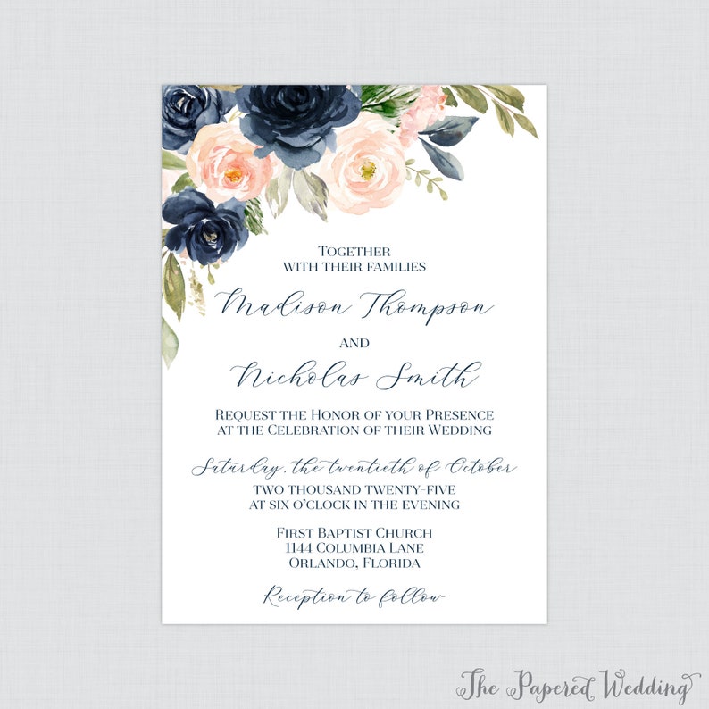 Printable OR Printed Wedding Invitations Navy and Pink - Etsy