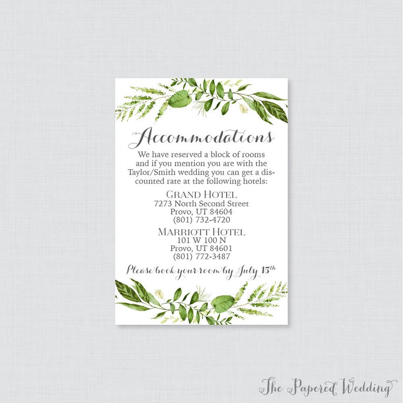 Printable OR Printed Wedding Accommodation Cards Green Leaf - Etsy