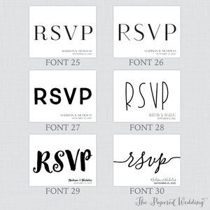 May include: A visual guide to different fonts for RSVP cards. The image shows ten different font styles for the word "RSVP" with the font number below each example. The text "Madison & Nicholas" and the date "September 25, 2025" are included in each example.