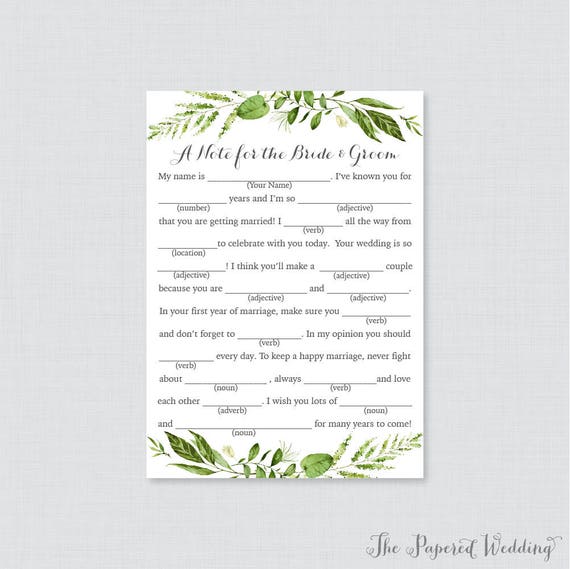Printable Wedding Mad Libs Greenery Wedding Mad Libs Cards Etsy