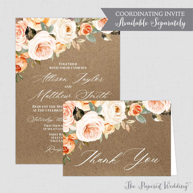and Cream Autumn Flower Thank You Cards in Kraft Orange Printable OR Printed Rustic Floral Wedding Folded Thank You Cards Pink 0028