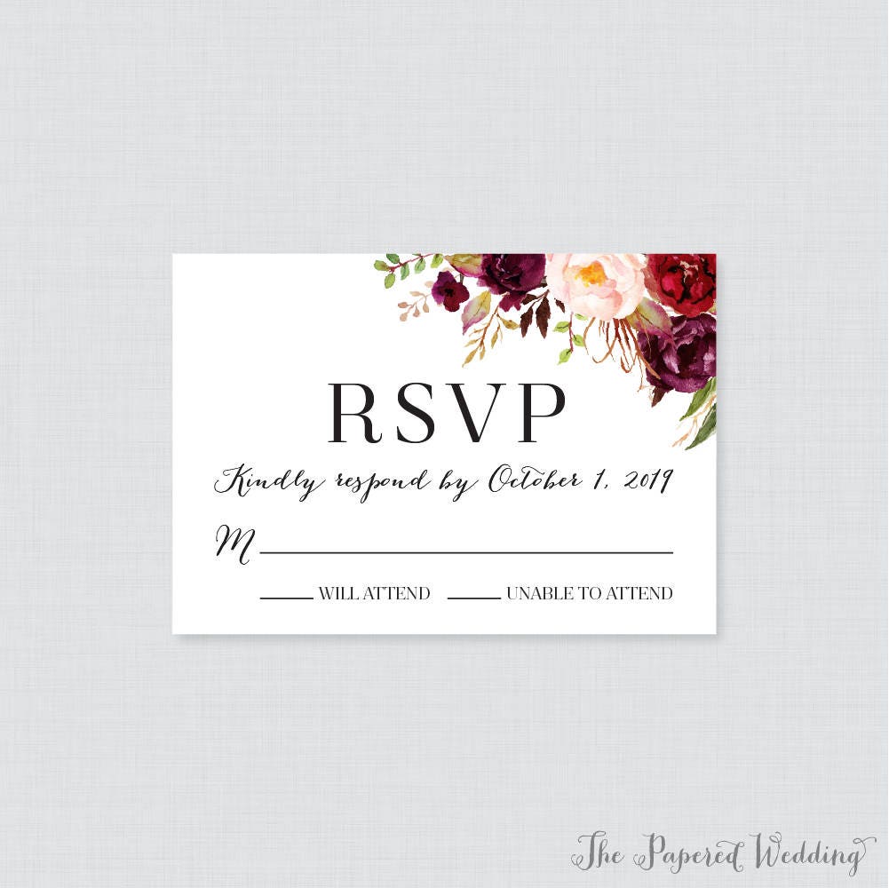 Printable OR Printed Wedding RSVP Cards Pink and Marsala | Etsy