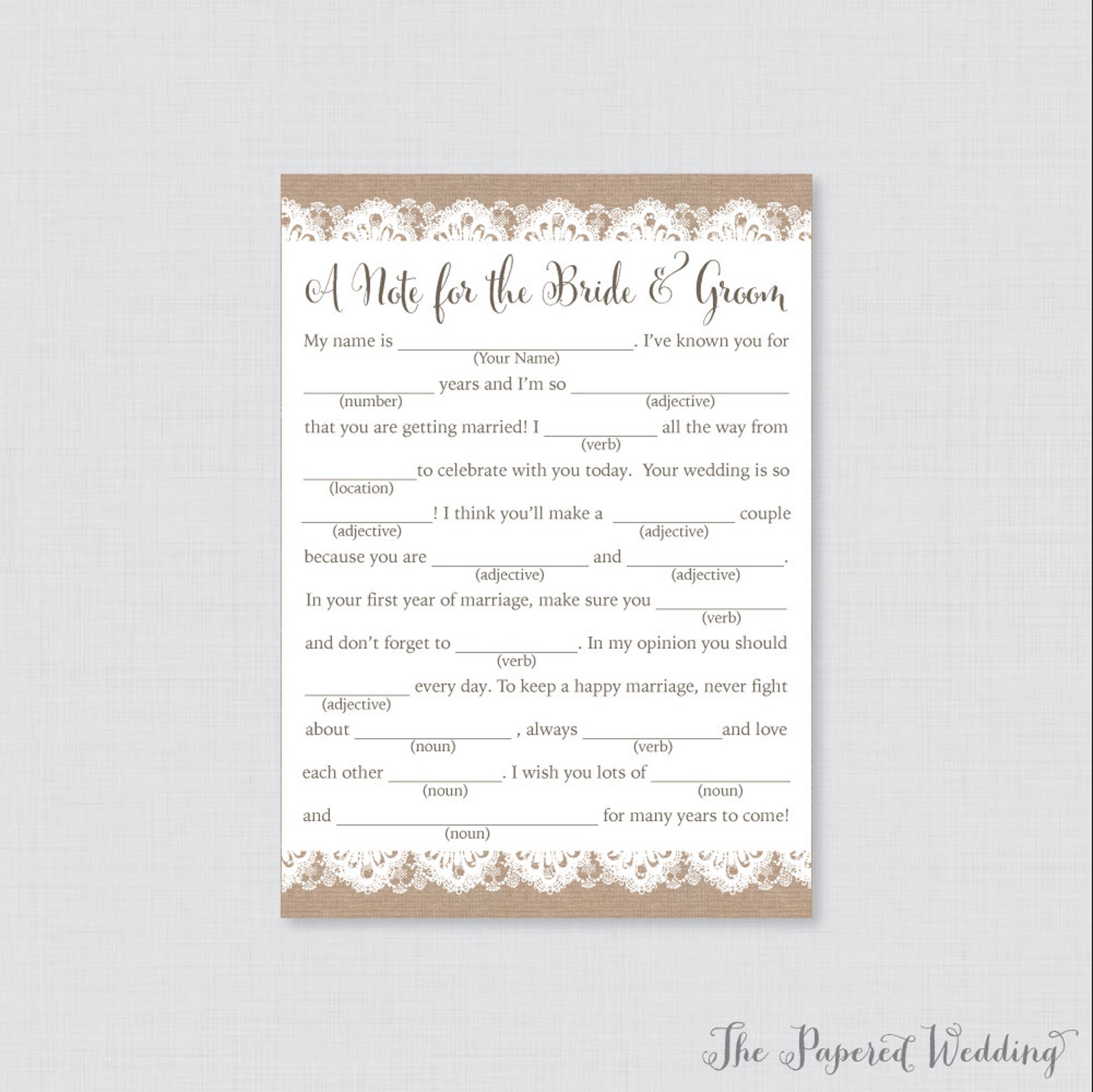 Printable Wedding Mad Libs Rustic Burlap and Lace Wedding - Etsy