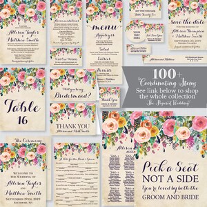 Printable OR Printed Wedding Invitations Floral Wedding Invitations, Colorful Flower Wedding Invites, Shabby Chic Invitations 0003-A image 4