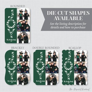 May include: Green holiday photo cards with the word "JOY" cut out in white, featuring family photos. Several die-cut shapes are shown, including rounded, bracket, double rounded, and scallop. Text reads "The Jacobs Family 2017".