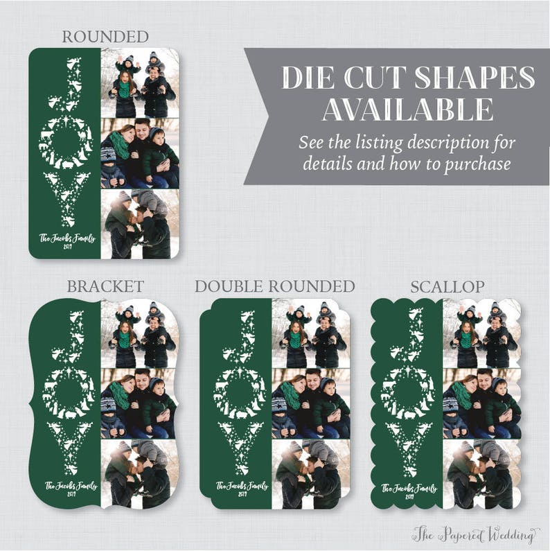 May include: Green holiday photo cards with the word "JOY" cut out in white, featuring family photos. Several die-cut shapes are shown, including rounded, bracket, double rounded, and scallop. Text reads "The Jacobs Family 2017".