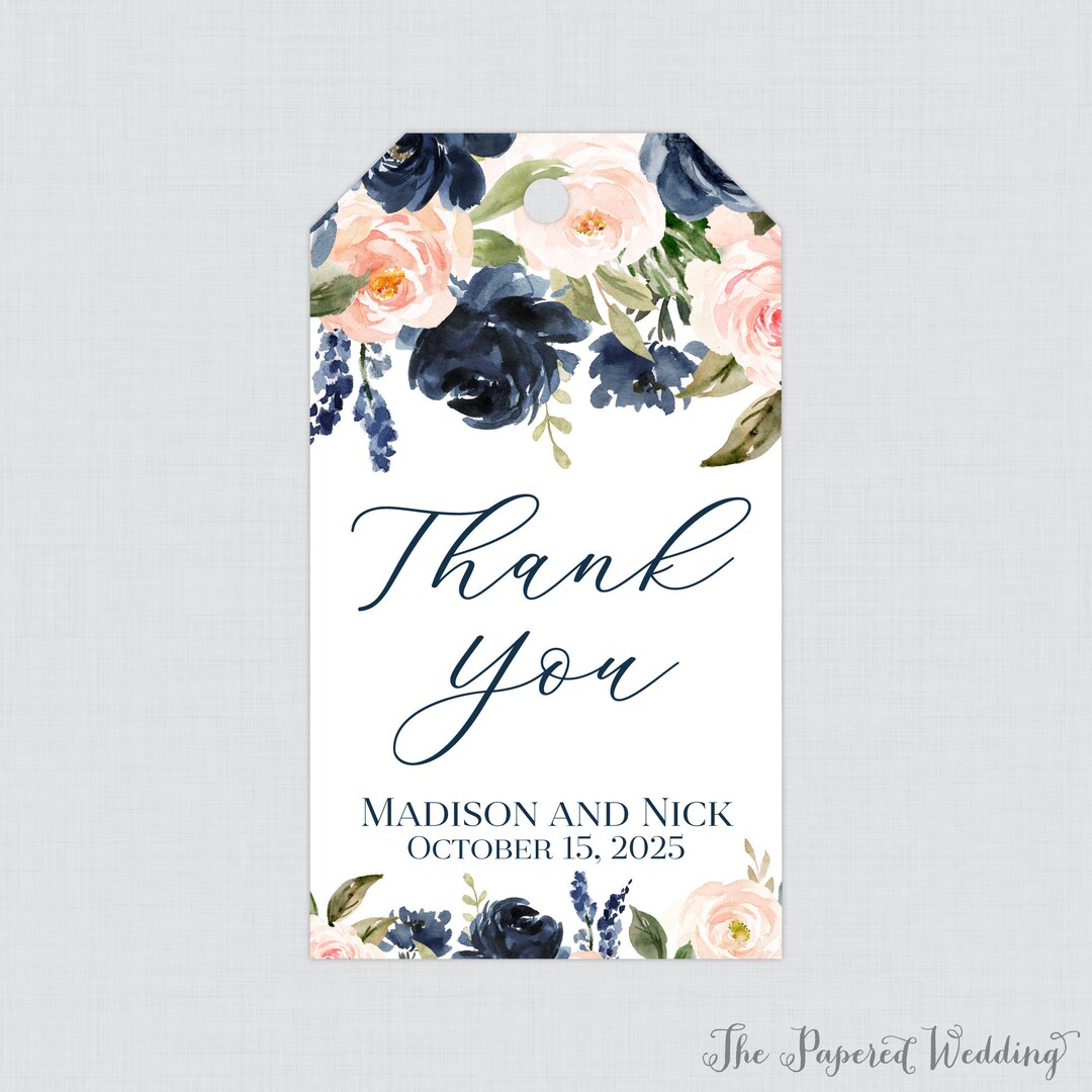 Printable OR Printed Navy and Pink Flower Wedding Favor Gift Tags ...