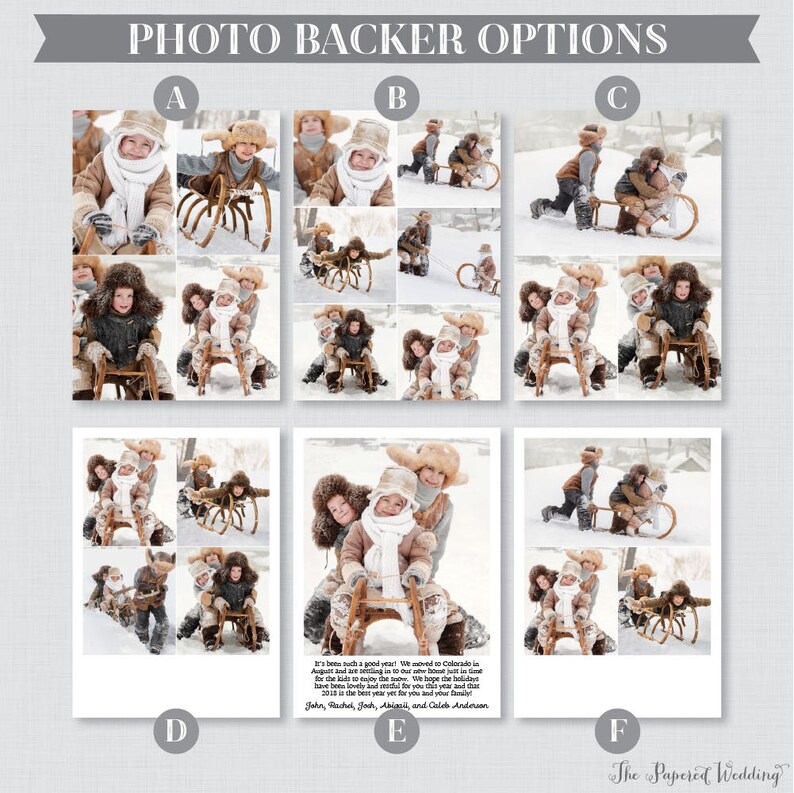 May include: Photo backer options with children in winter clothing. The images show children on sleds and wearing fur hats and scarves. The text at the top says "PHOTO BACKER OPTIONS".