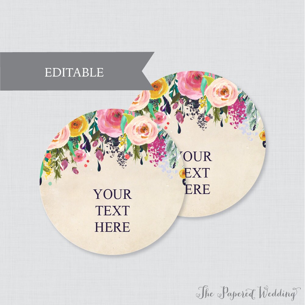 EDITABLE Wedding Tags - Printable Floral Wedding Labels, Colorful Flower Circle Wedding Buffet Labels or Tags, Editable Tags Wedding 0003-A