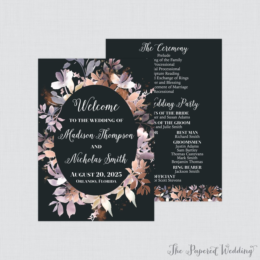 Rose Gold Program Printable OR Printed Rose Gold Wedding Programs - Black Rose Gold ...