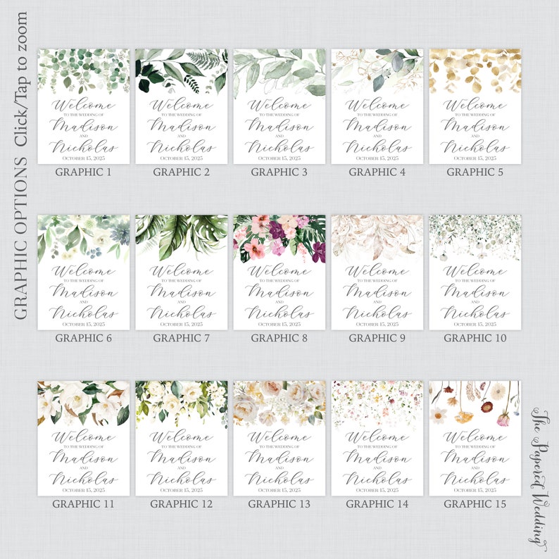 May include: Fifteen different wedding welcome sign designs featuring various floral and greenery illustrations. The signs all say "Welcome to the wedding of Madison and Nicholas" with the date "October 15, 2023".