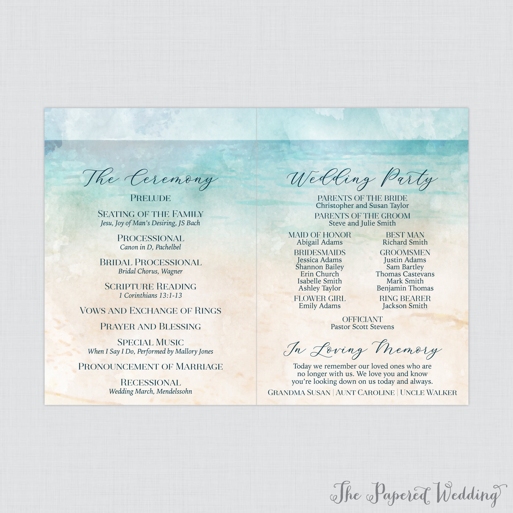 Printable OR Printed Beach Wedding Program Booklet - Watercolor Beach ...