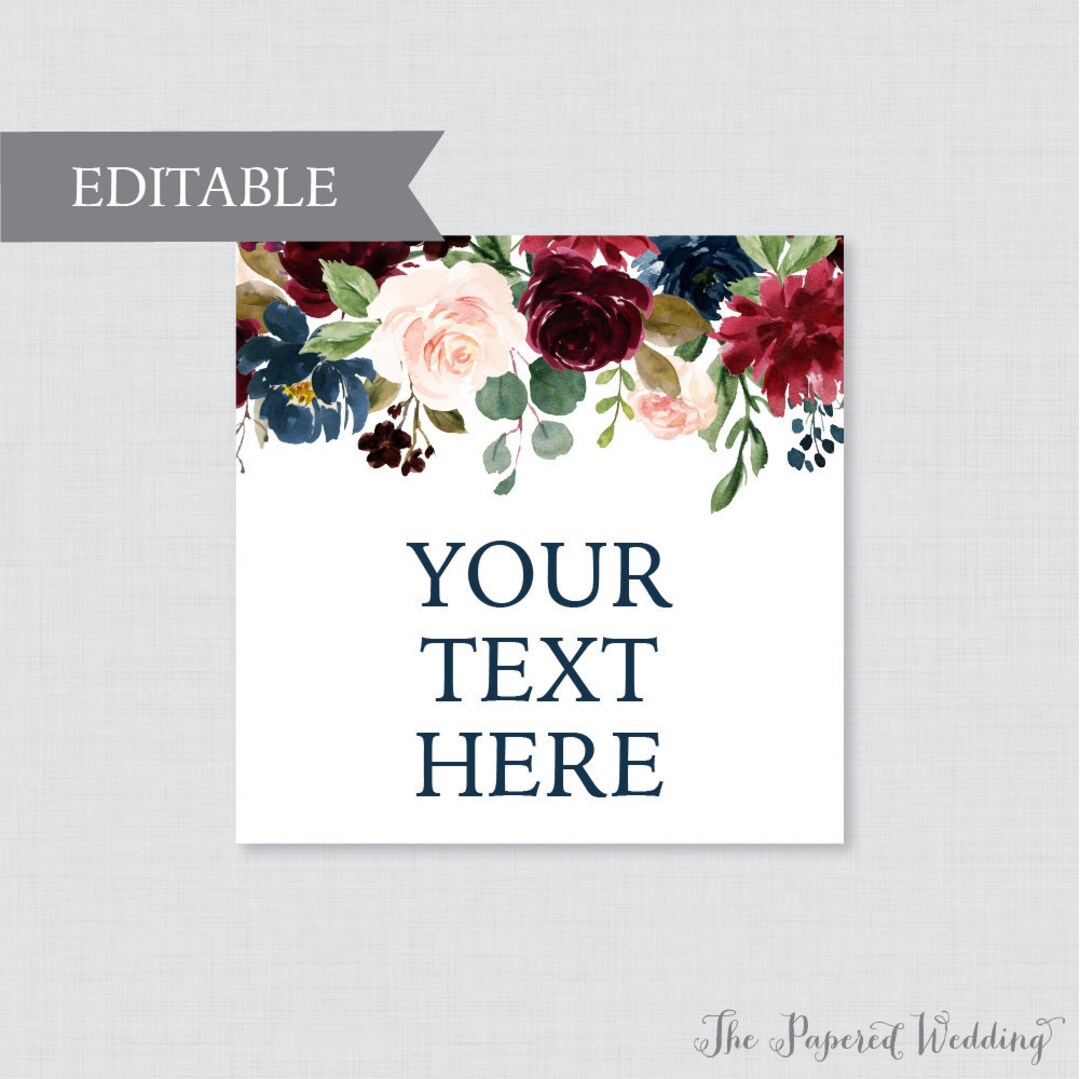 EDITABLE Wedding Tags - Printable Navy Marsala Floral Wedding Labels ...
