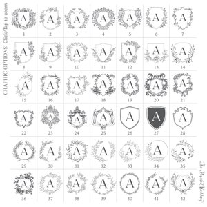 May include: A sheet of paper with 42 different monogram designs. Each design features the letter "A" in a different style, including wreaths, shields, and floral accents.