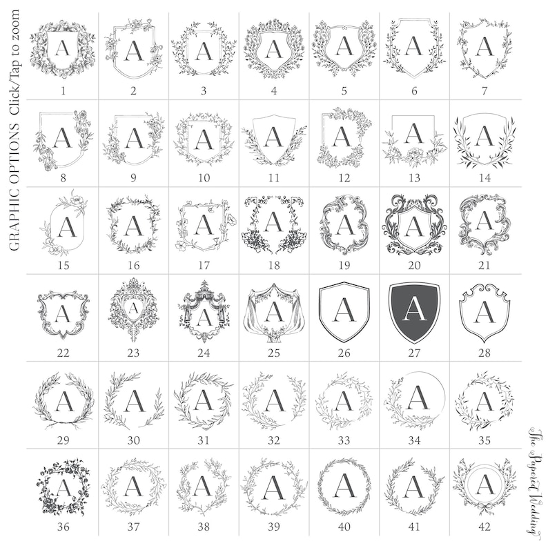 May include: A sheet of paper with 42 different monogram designs. Each design features the letter "A" in a different style, including wreaths, shields, and floral accents.