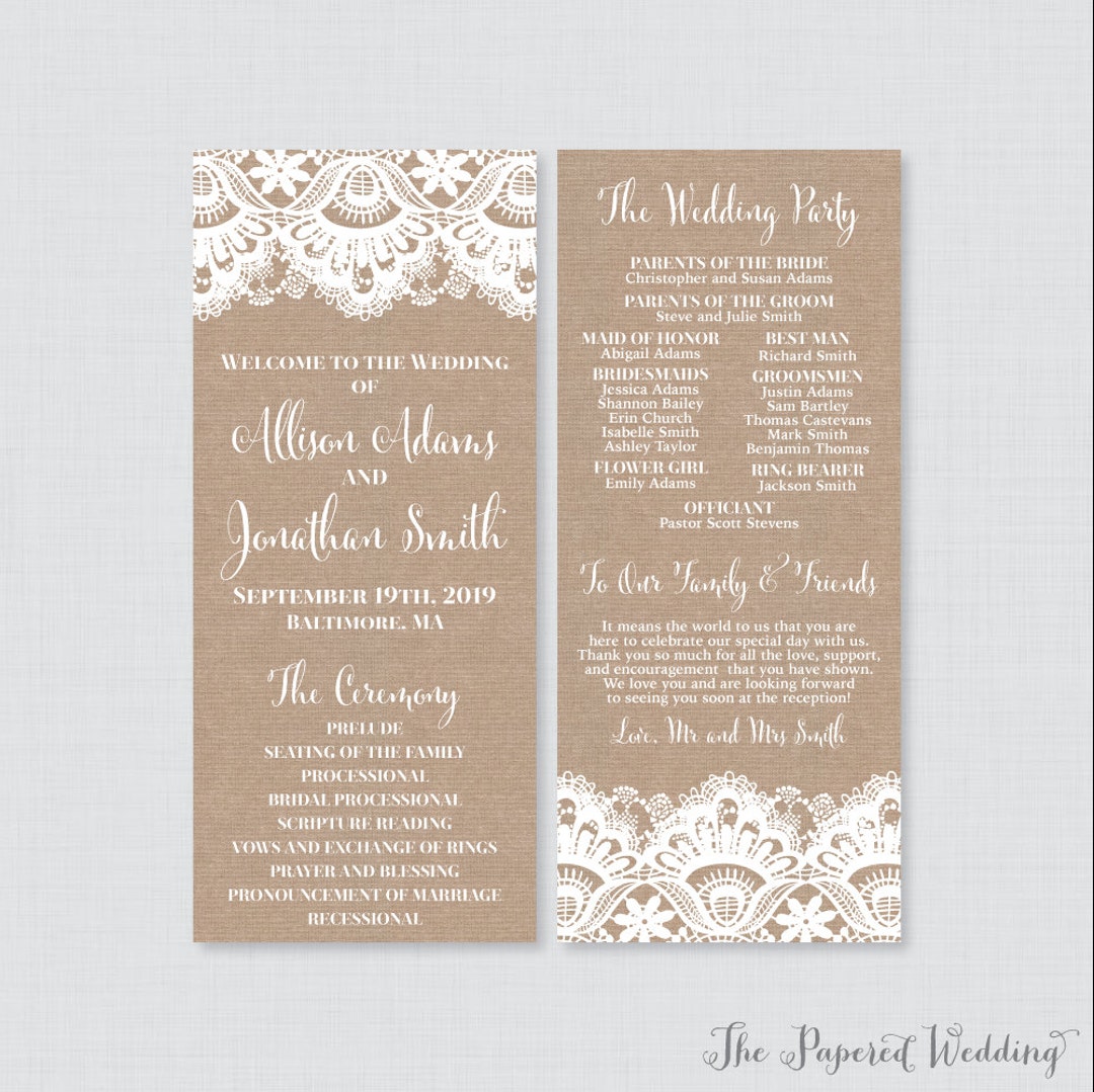Printable OR Printed Wedding Programs - Rustic Burlap and Lace Wedding ...