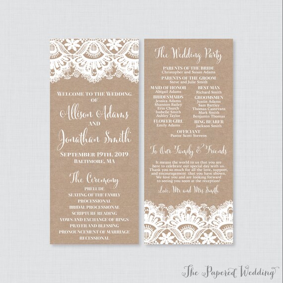 Printable Or Printed Wedding Programs Rustic Burlap And Lace Etsy