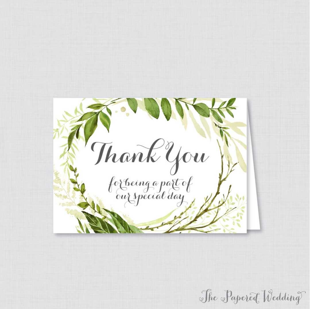 Printable Wedding Party Thank You Cards - Green Wreath Thank You for ...