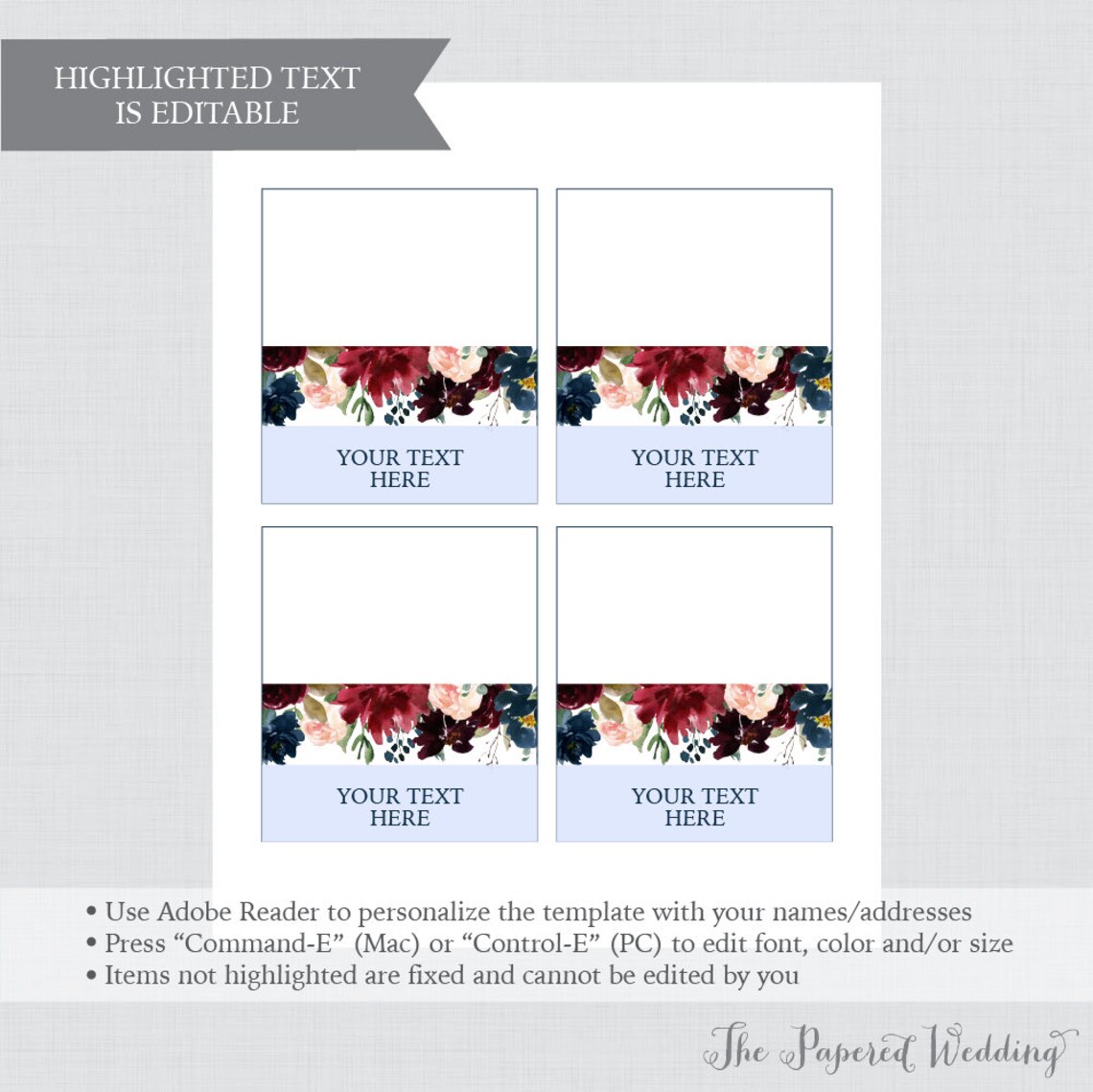 EDITABLE Tent Cards Printable Navy Marsala Wedding Tent Etsy