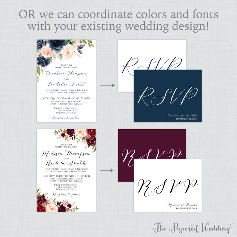 May include: Two wedding invitation designs with RSVP cards. The first design features a floral wreath with blue and pink flowers. The second design features a floral wreath with burgundy and pink flowers. Both designs include the text "RSVP" and the names of the couple.