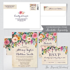 Printable OR Printed Wedding Invitations Floral Wedding Invitations, Colorful Flower Wedding Invites, Shabby Chic Invitations 0003-A image 3