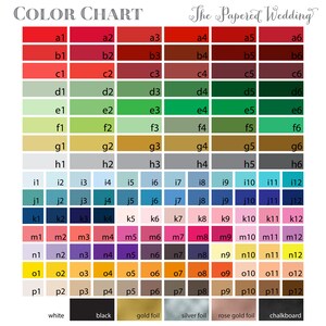 May include: A color chart with a variety of hues, arranged in a grid. The chart includes shades of red, green, blue, and yellow, with labels for each color. The text "COLOR CHART" and "The Papered Wedding" are at the top.