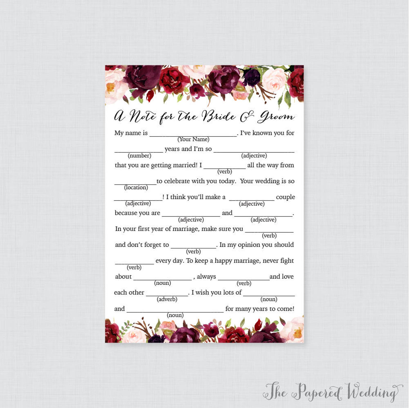 Printable Wedding Mad Libs Marsala Floral Wedding Mad Libs Cards for ...