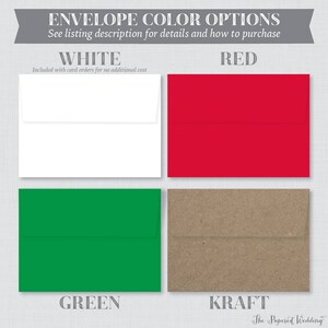 May include: Image showcasing envelope color options: white, red, green, and kraft. Text at the top reads "ENVELOPE COLOR OPTIONS" and "See listing description for details and how to purchase." The white envelope is labeled "WHITE" and the green envelope is labeled "GREEN".