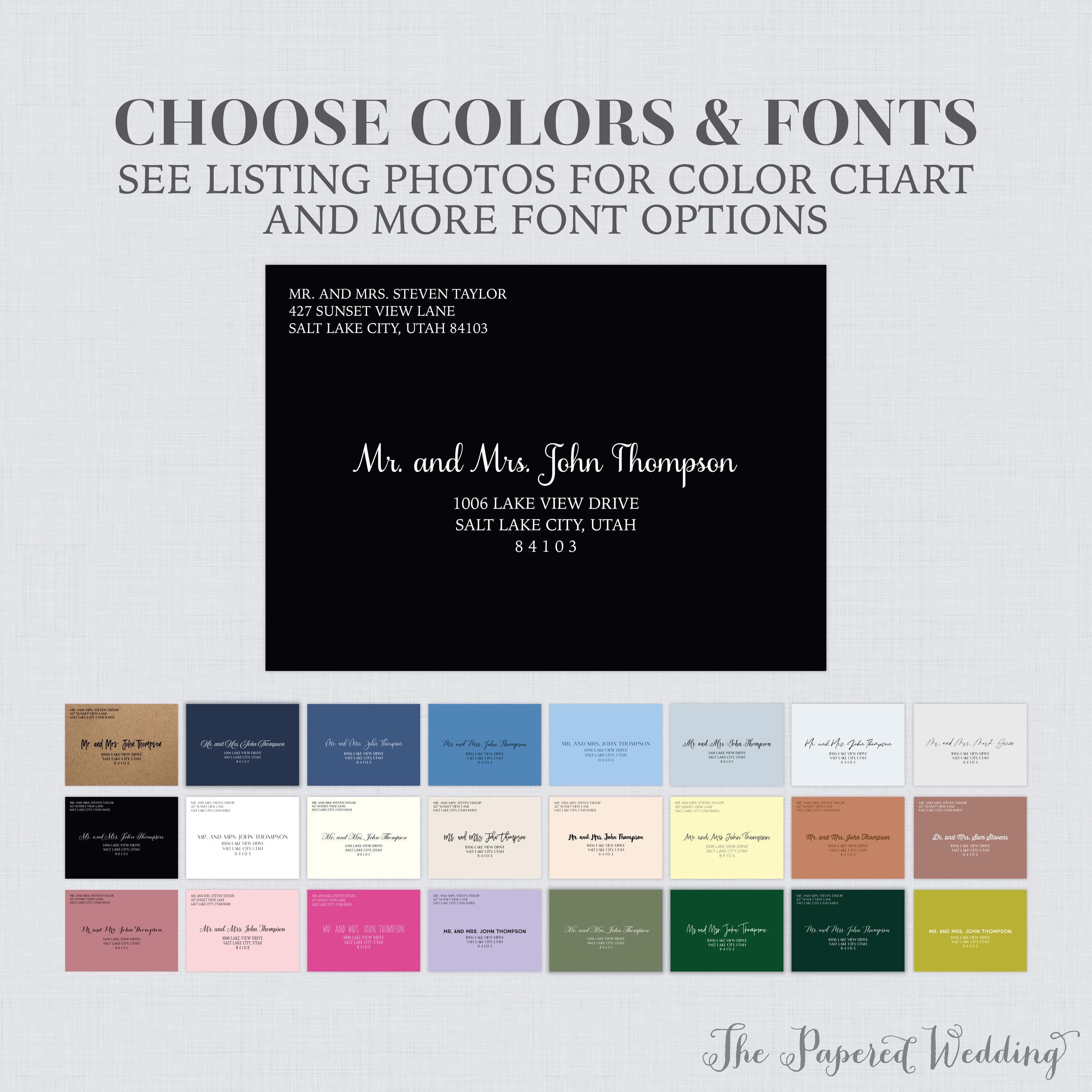 Printed Envelopes with Custom Fonts in A7, A2, or 4bar Size - Premium Colored Wedding Envelopes with Guest Recipient Addresses 0032