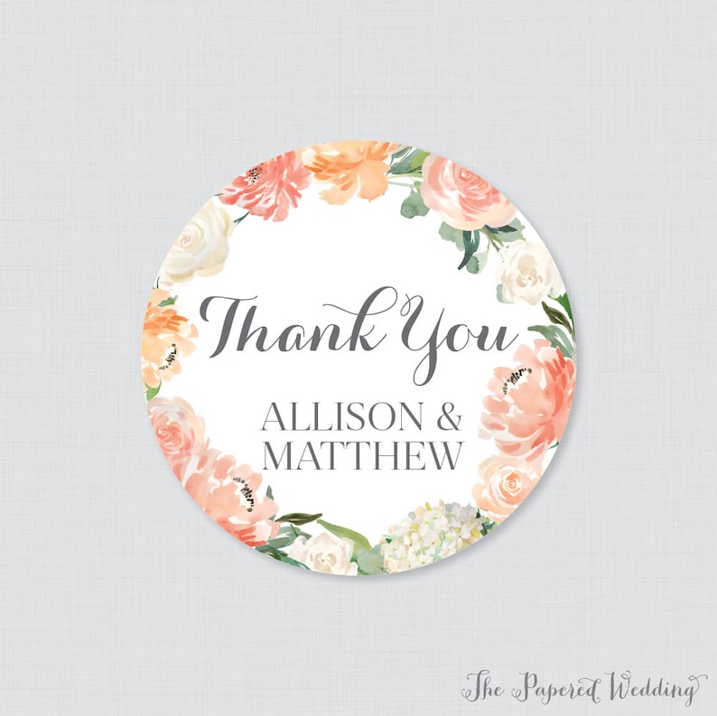 Personalized Wedding Favor TagsStickers Peach Floral Circle Wedding Labels Peach and Cream 0009 Printable OR Printed Wedding Stickers